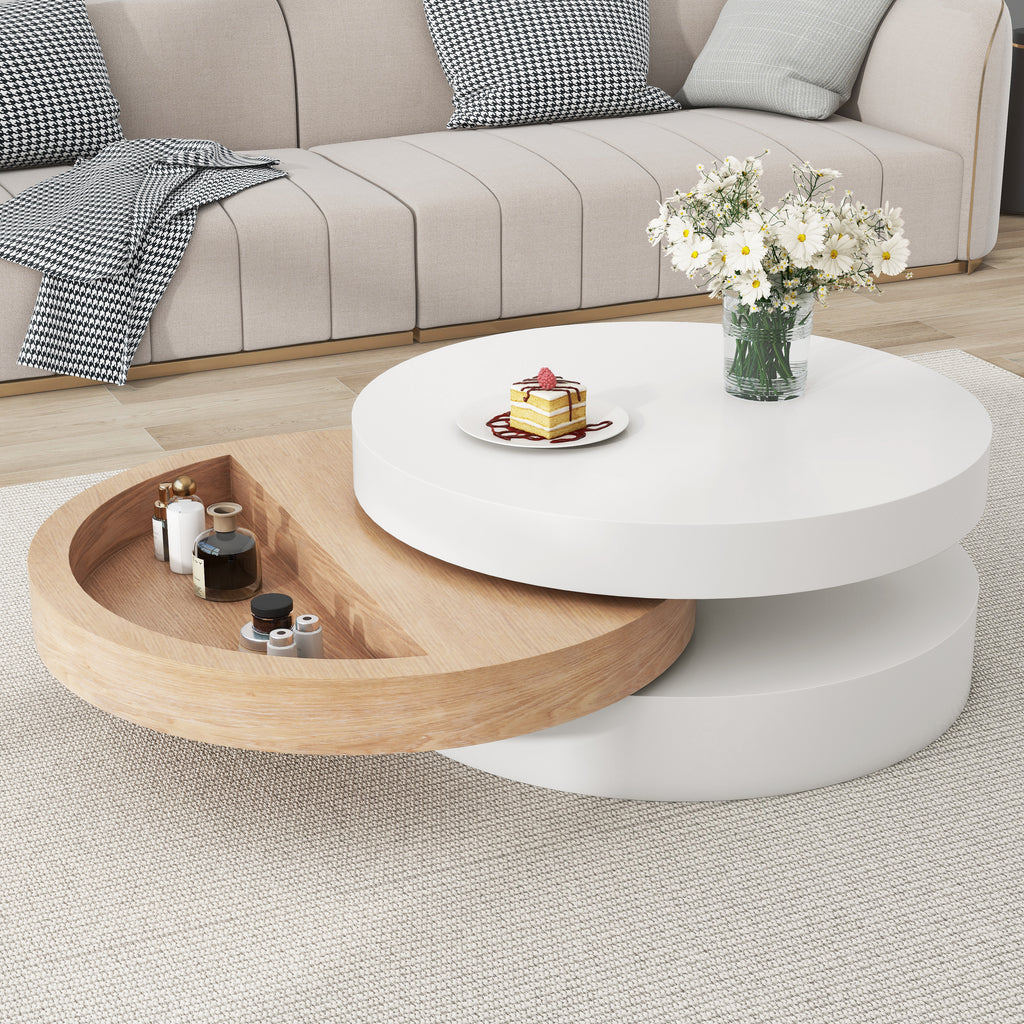 Round 360° Rotating Coffee Table – 3‑Layer Hidden Storage, White/Wood 60×60×35cm