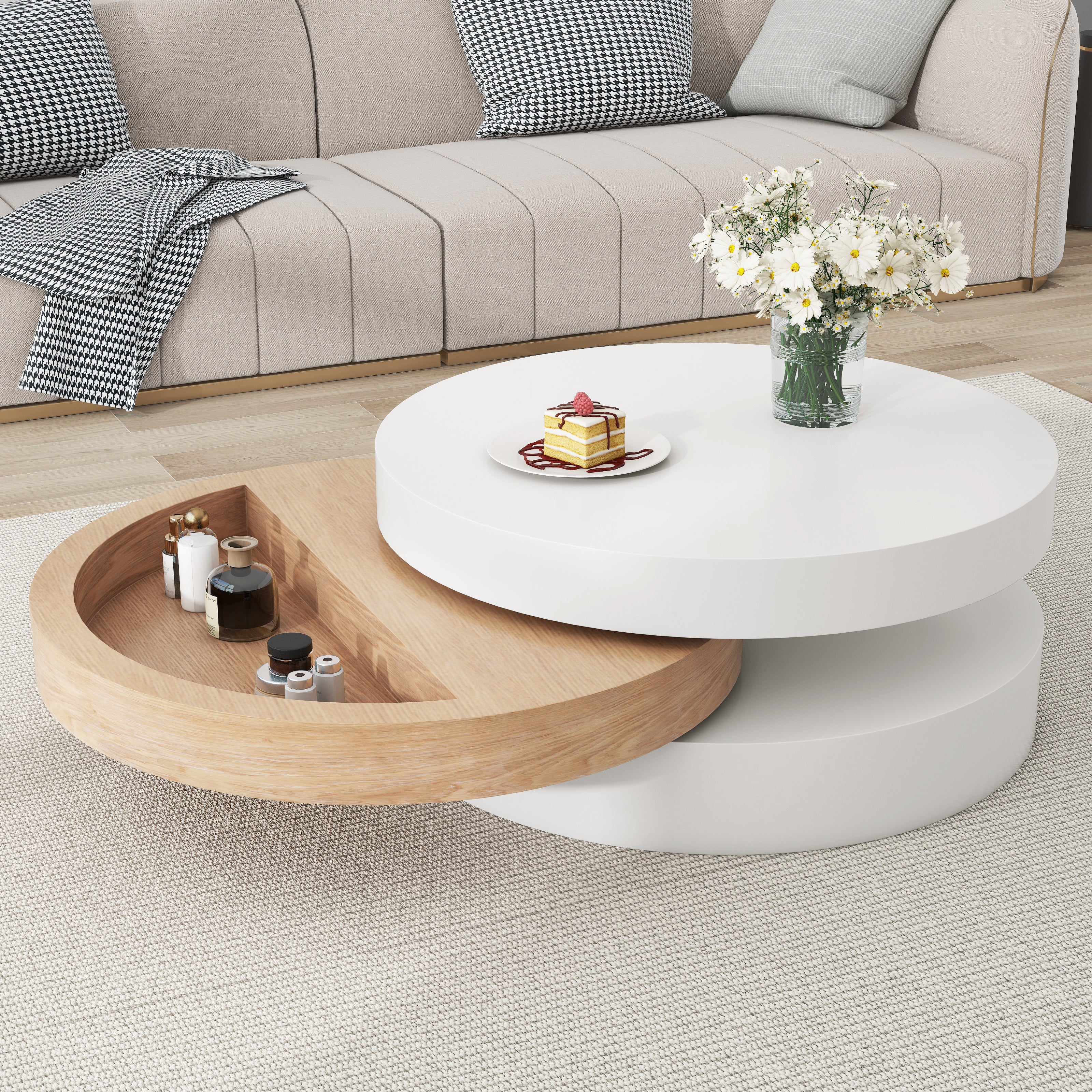 Round 360° Rotating Coffee Table – 3‑Layer Hidden Storage, White/Wood 60×60×35cm