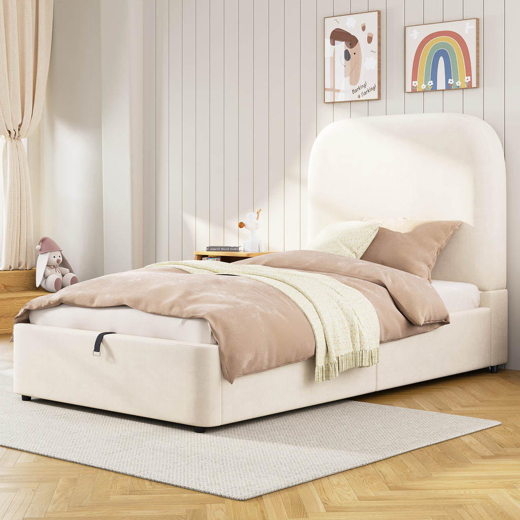 Velvet Upholstered Single Bed Frame – 3ft Hydraulic Storage, Beige Headboard
