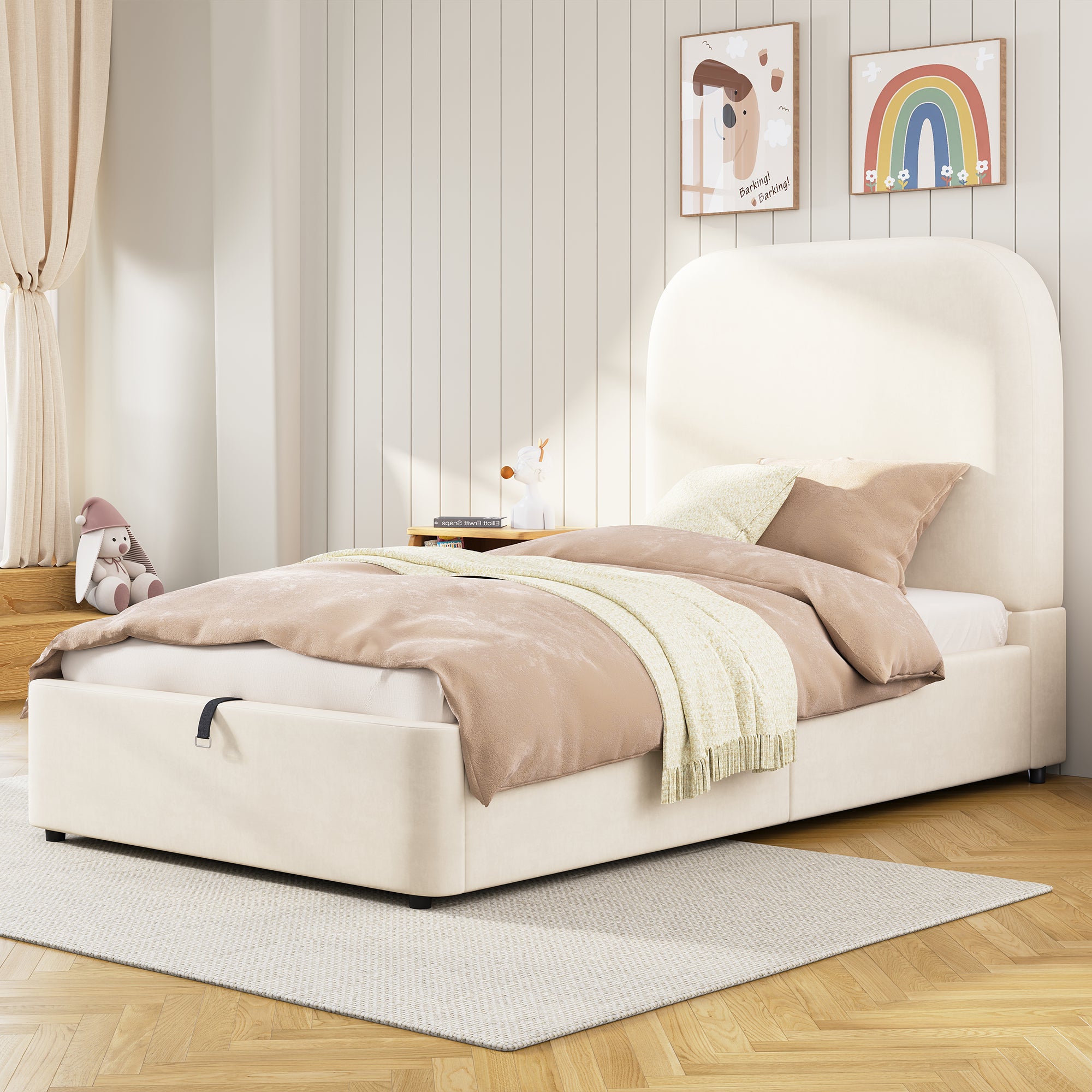 Velvet Upholstered Single Bed Frame – 3ft Hydraulic Storage, Beige Headboard