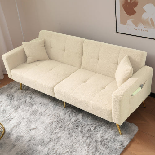 Sherpa 2‑Seater Sofa Bed with 3‑Angle Adjustable Backrest, Gold‑Tone Legs + Side Storage Pockets (Beige/White/Green)