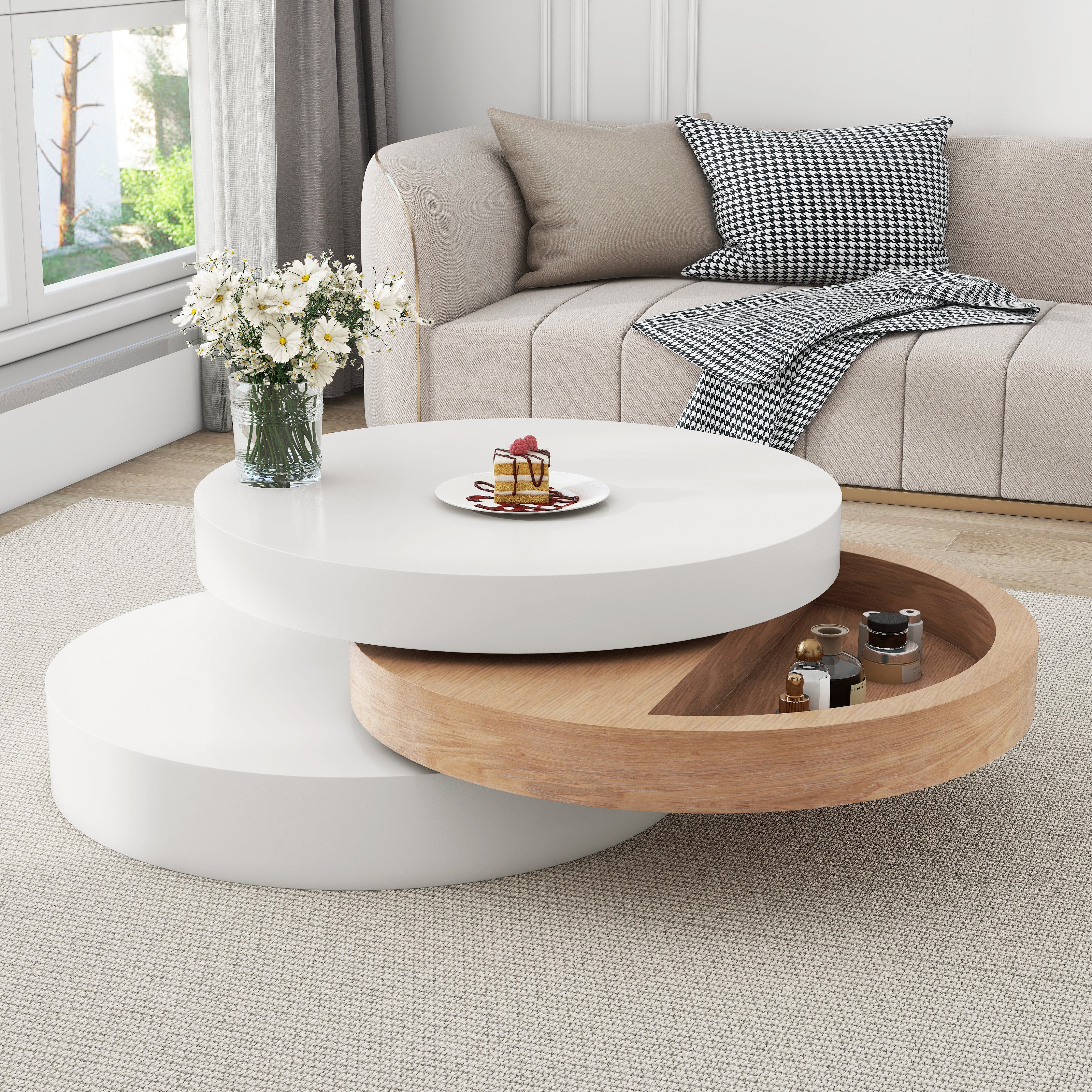 Round 360° Rotating Coffee Table – 3‑Layer Hidden Storage, White/Wood 60×60×35cm