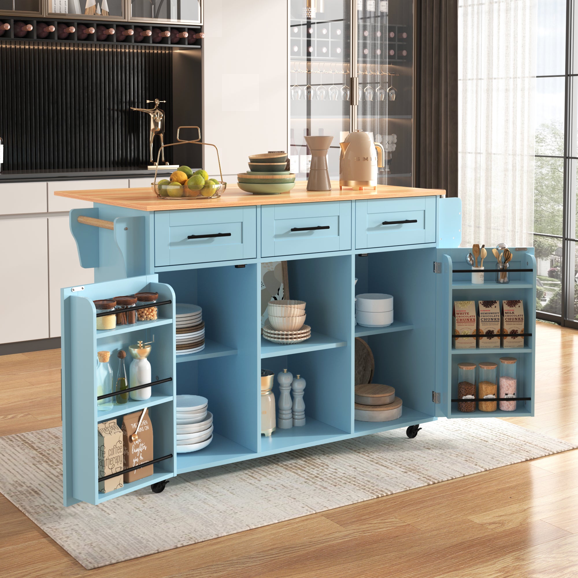 Rolling Kitchen Island 139cm with Drop‑Leaf & 3 Drawers – Blue/White