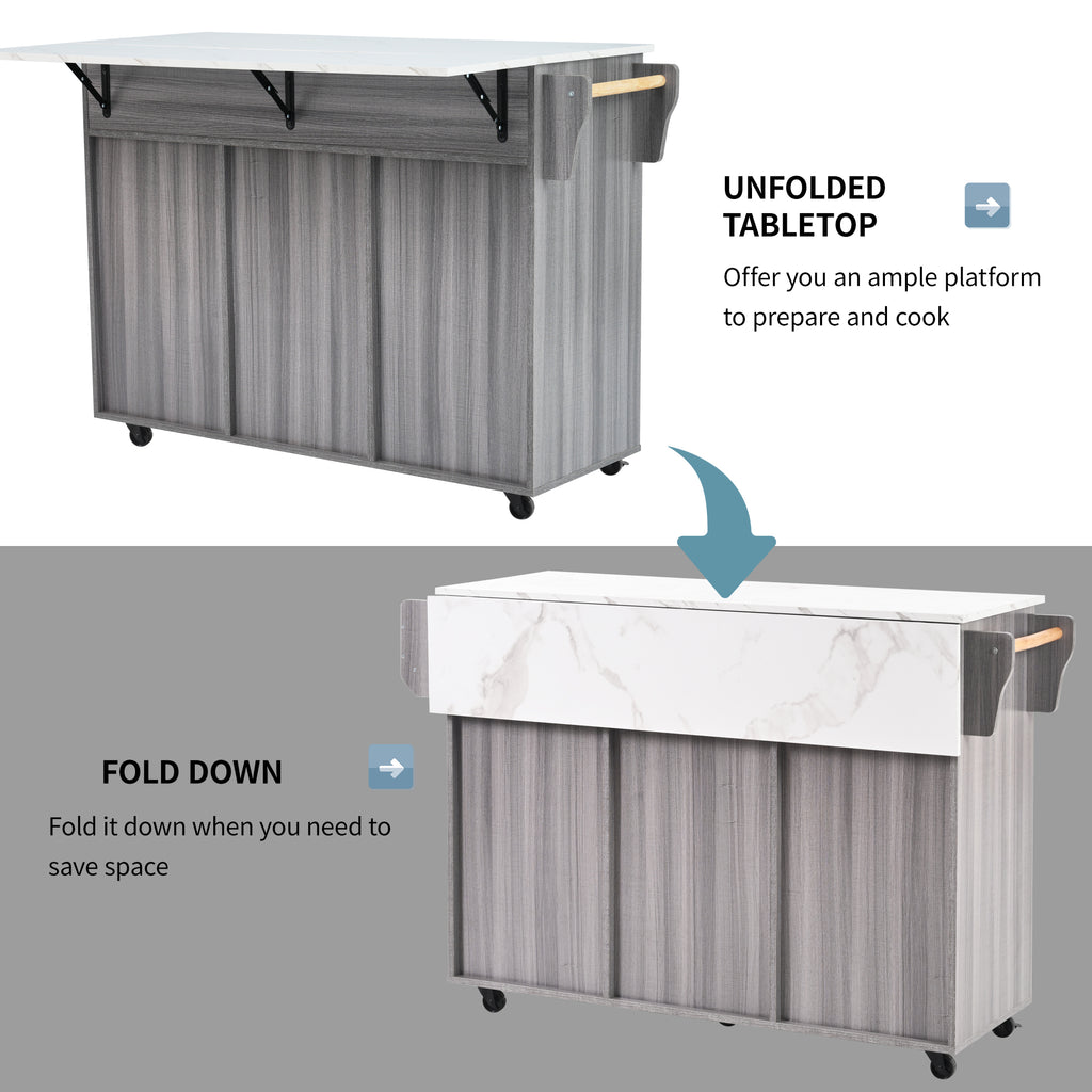 Rolling Kitchen Island with Drop‑Leaf & 3 Drawers – Grey/White 139×46/71×91.5cm