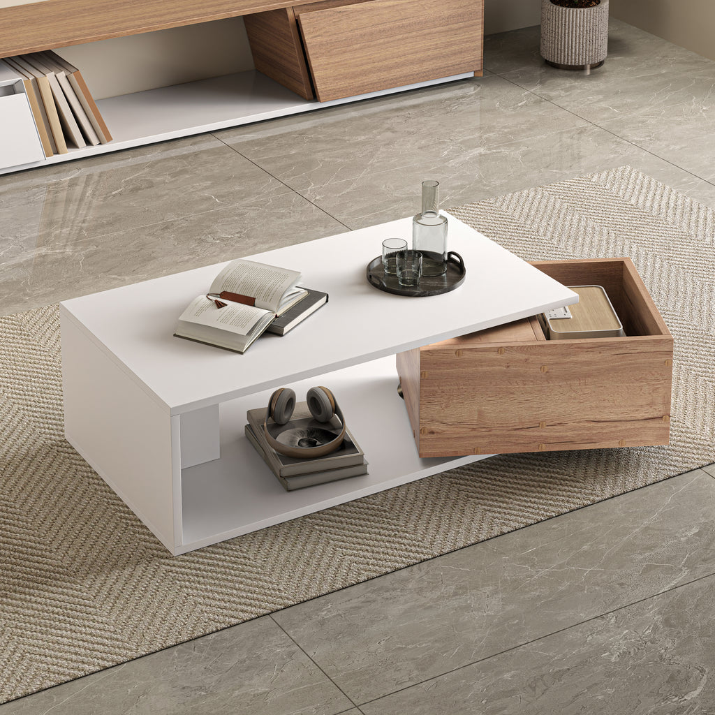 360° Rotating Coffee Table with Hidden Drawer – High Gloss White/Wood 90×50×30cm