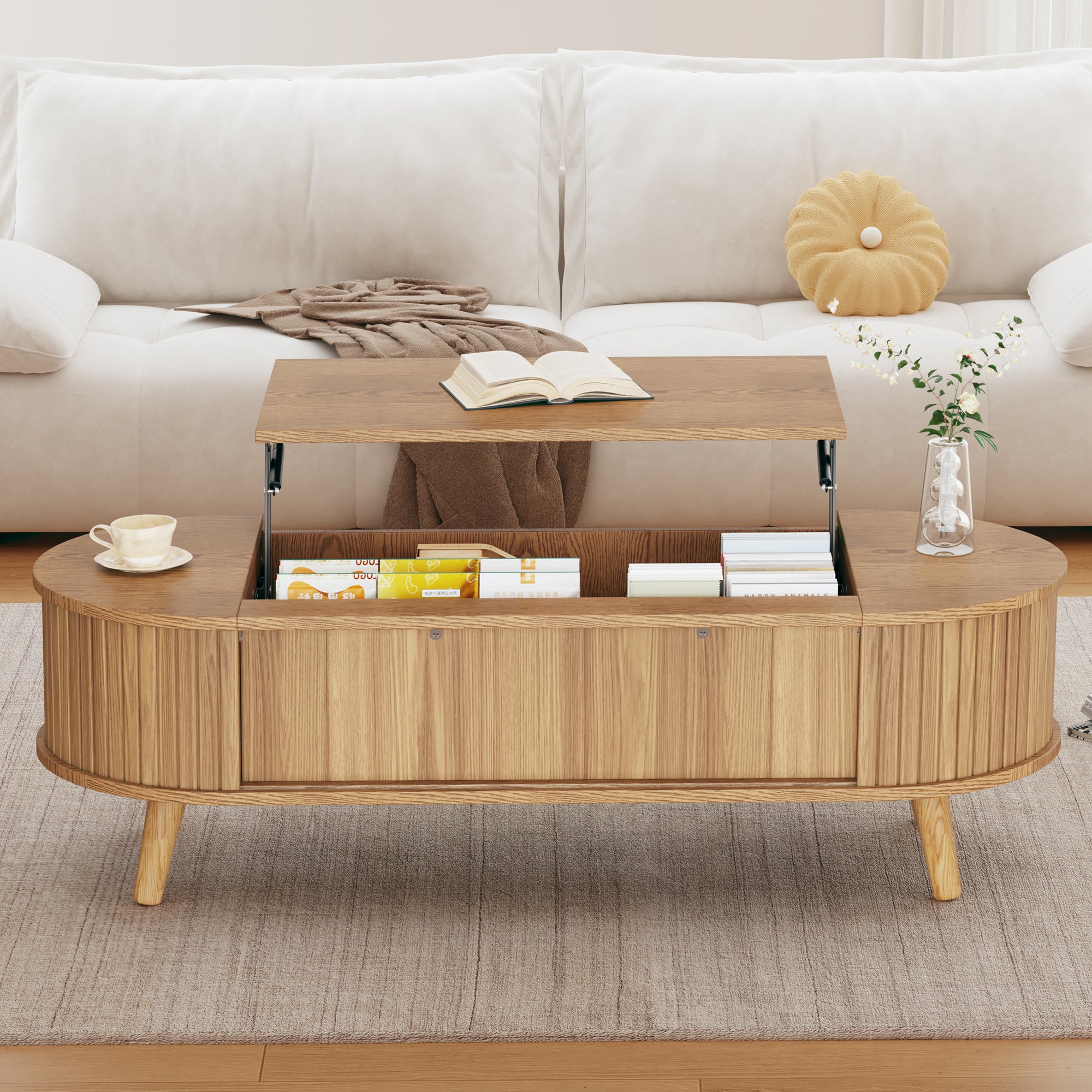 Lift-Up Oval Coffee Table with Hidden Storage – Natural Wood