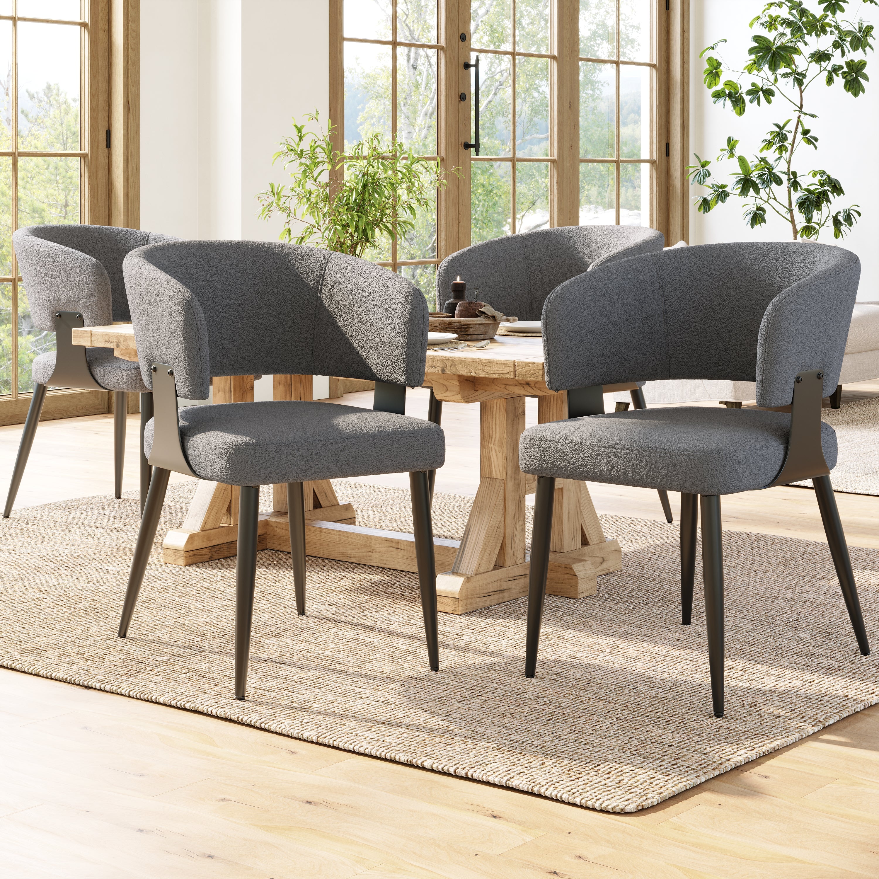 Modern Grey Upholstered Dining Chairs Set of 4 - Curved Backrest