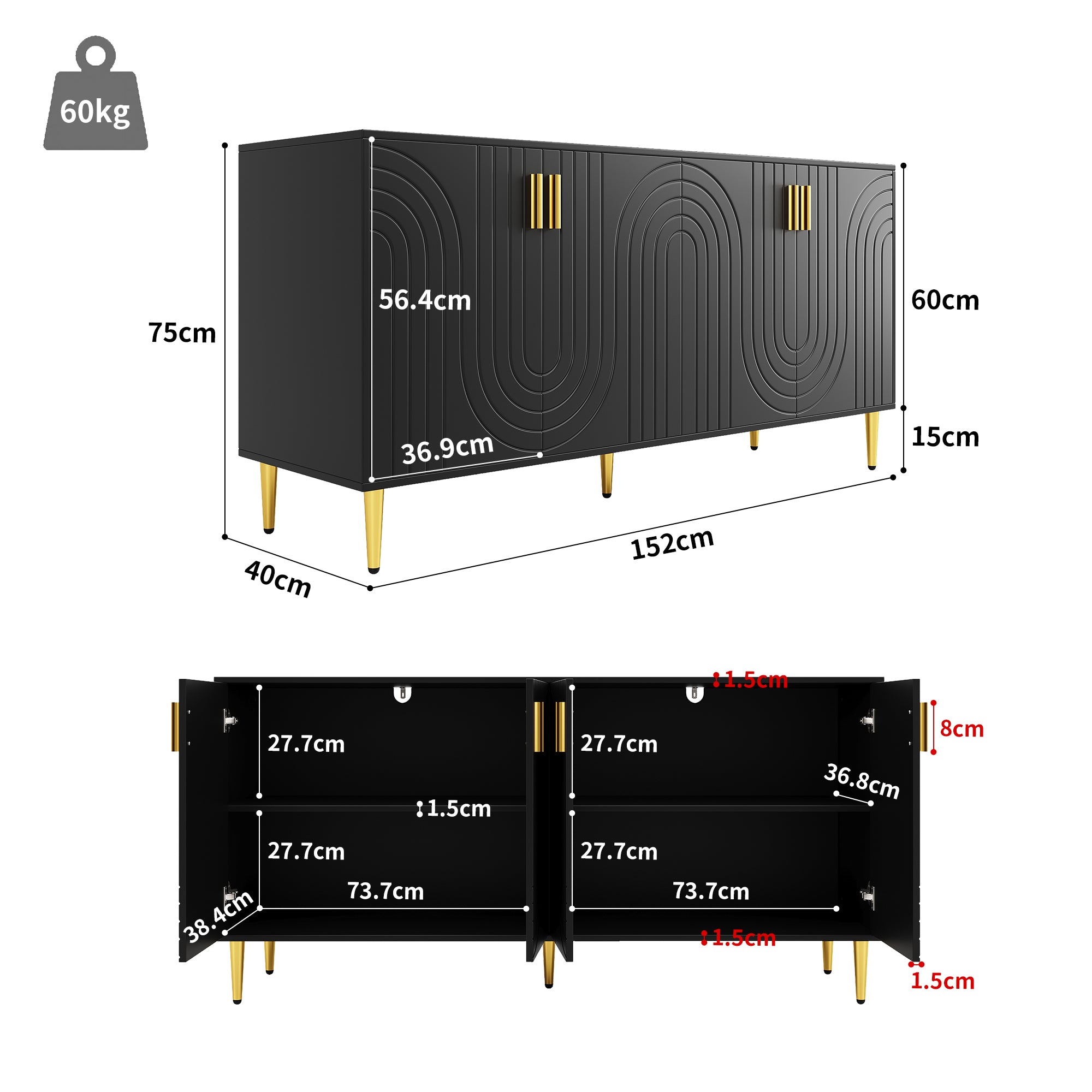 Black Wave Sideboard with Gold Handles – 152x75cm Elegant Storage