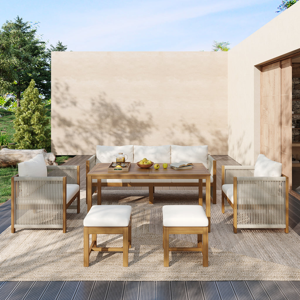 7‑Seater Acacia Wood Garden Lounge Set – Rope Weave Outdoor Patio Furniture, Beige