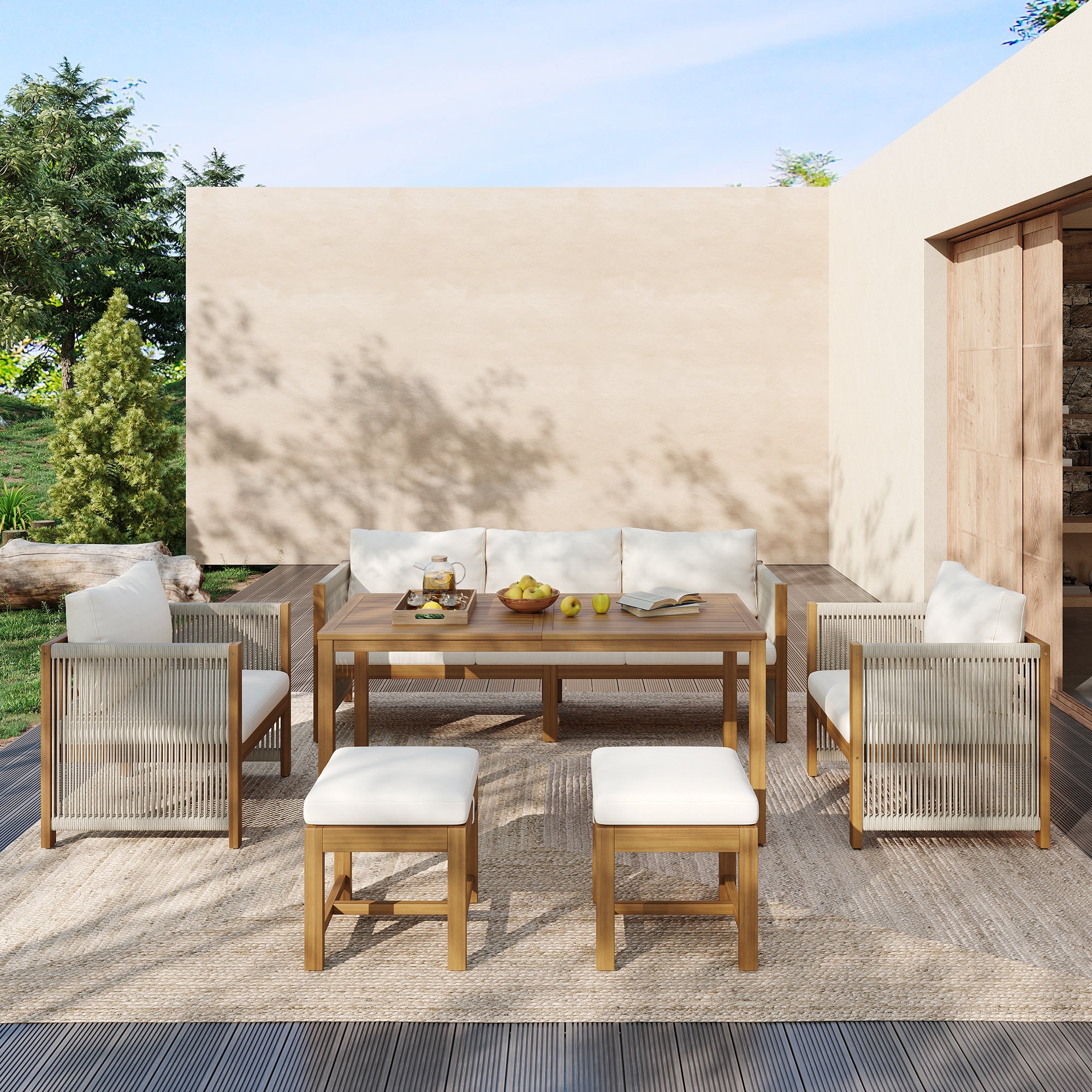 7‑Seater Acacia Wood Garden Lounge Set – Rope Weave Outdoor Patio Furniture, Beige