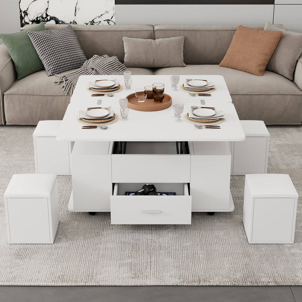 Lift Top Coffee Table with 4 Stools & Storage – White (Convertible)