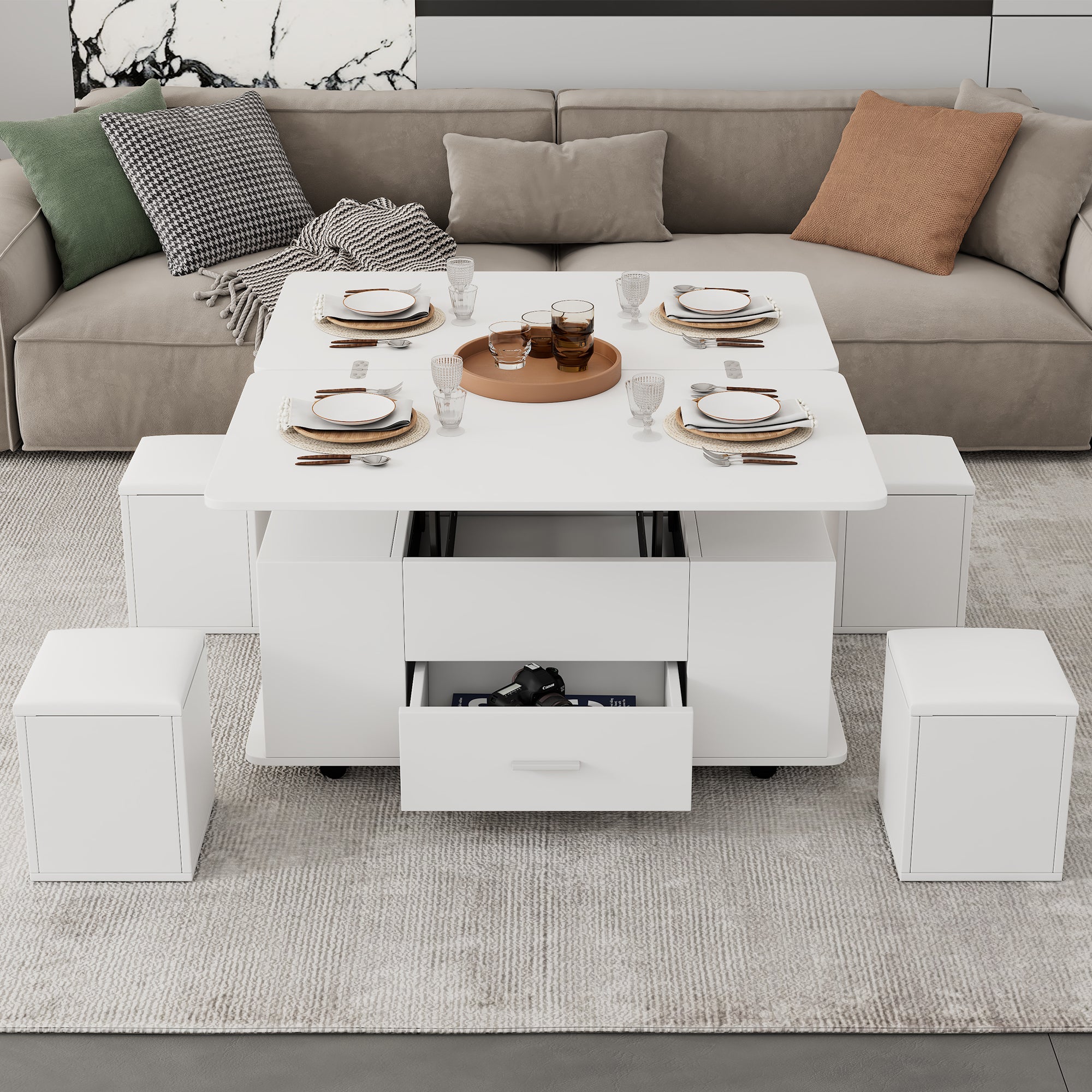 Lift Top Coffee Table with 4 Stools & Storage – White (Convertible)