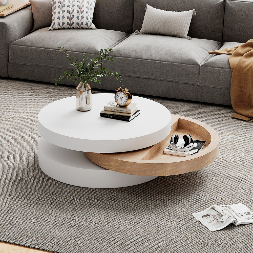 Round 360° Rotating Coffee Table – 3‑Layer Hidden Storage, White/Wood 60×60×35cm