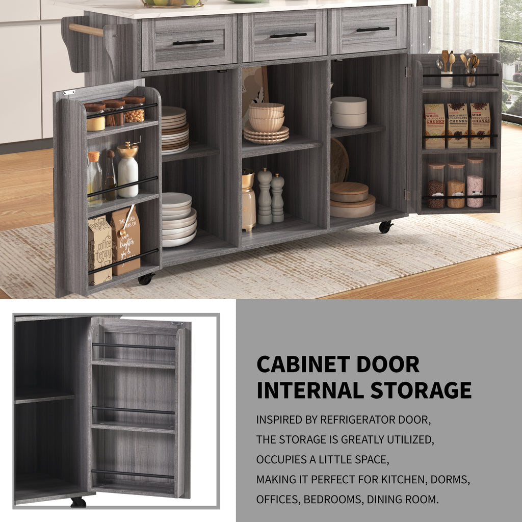 Rolling Kitchen Island with Drop‑Leaf & 3 Drawers – Grey/White 139×46/71×91.5cm