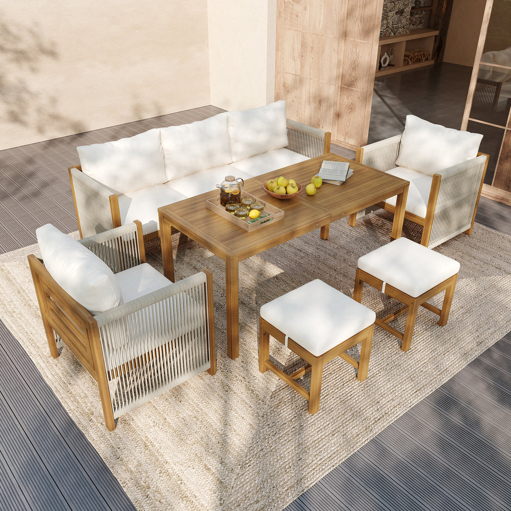 7‑Seater Acacia Wood Garden Lounge Set – Rope Weave Outdoor Patio Furniture, Beige