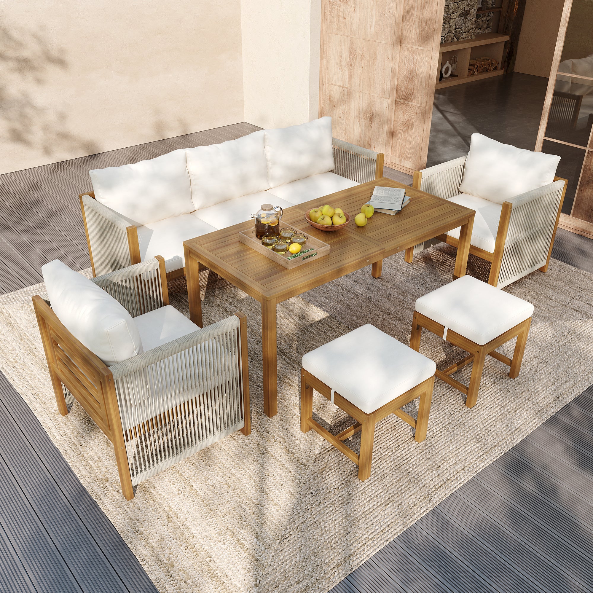 7‑Seater Acacia Wood Garden Lounge Set – Rope Weave Outdoor Patio Furniture, Beige
