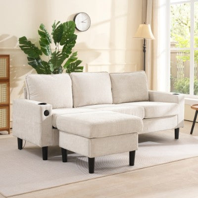 L-Shaped Couch Sofa, Corner Sofa 3 Seater Sofa, Sectional Sofa Couches With USB, Cup Holder, For Apartment Living Room Beige