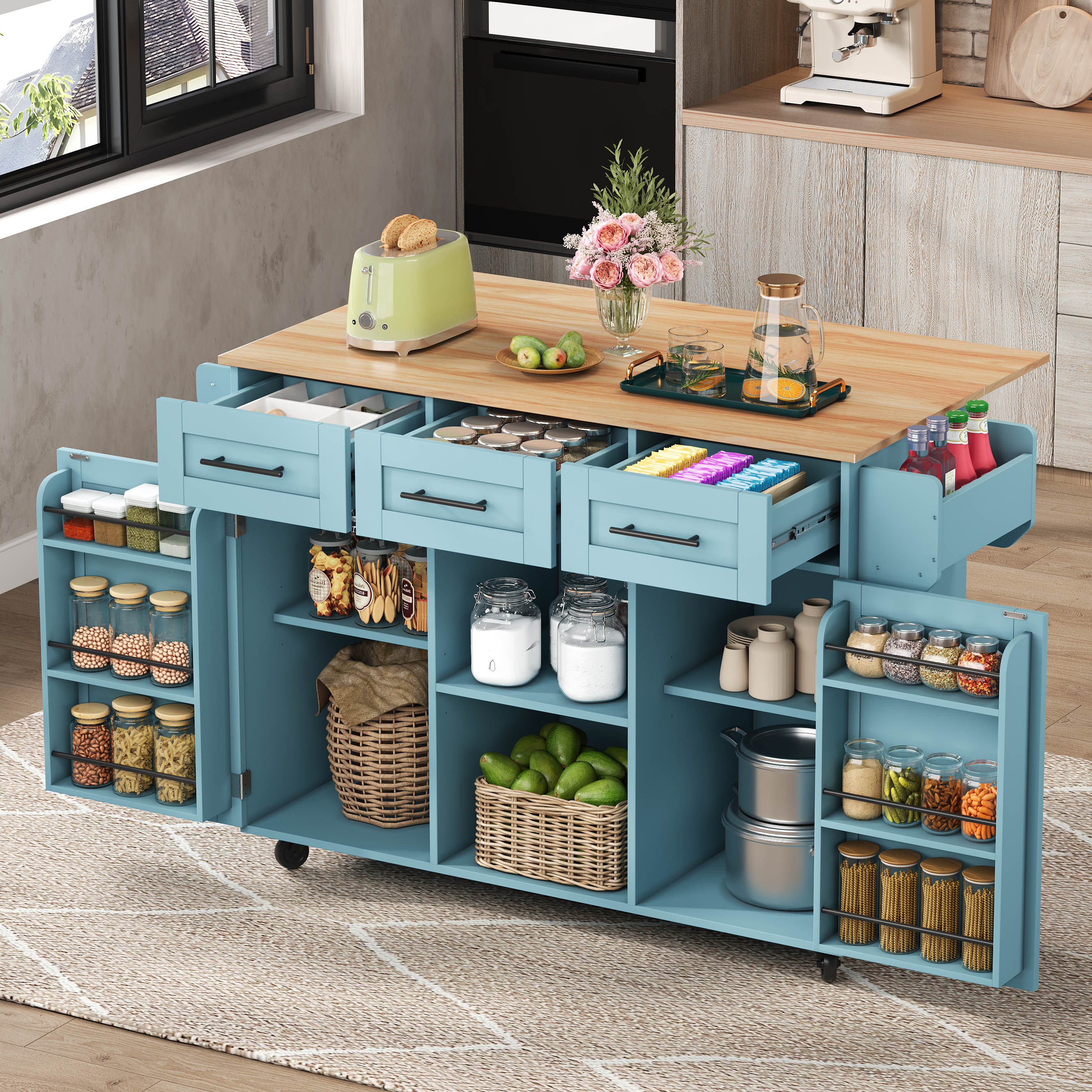 Rolling Kitchen Island 139cm with Drop‑Leaf & 3 Drawers – Blue/White
