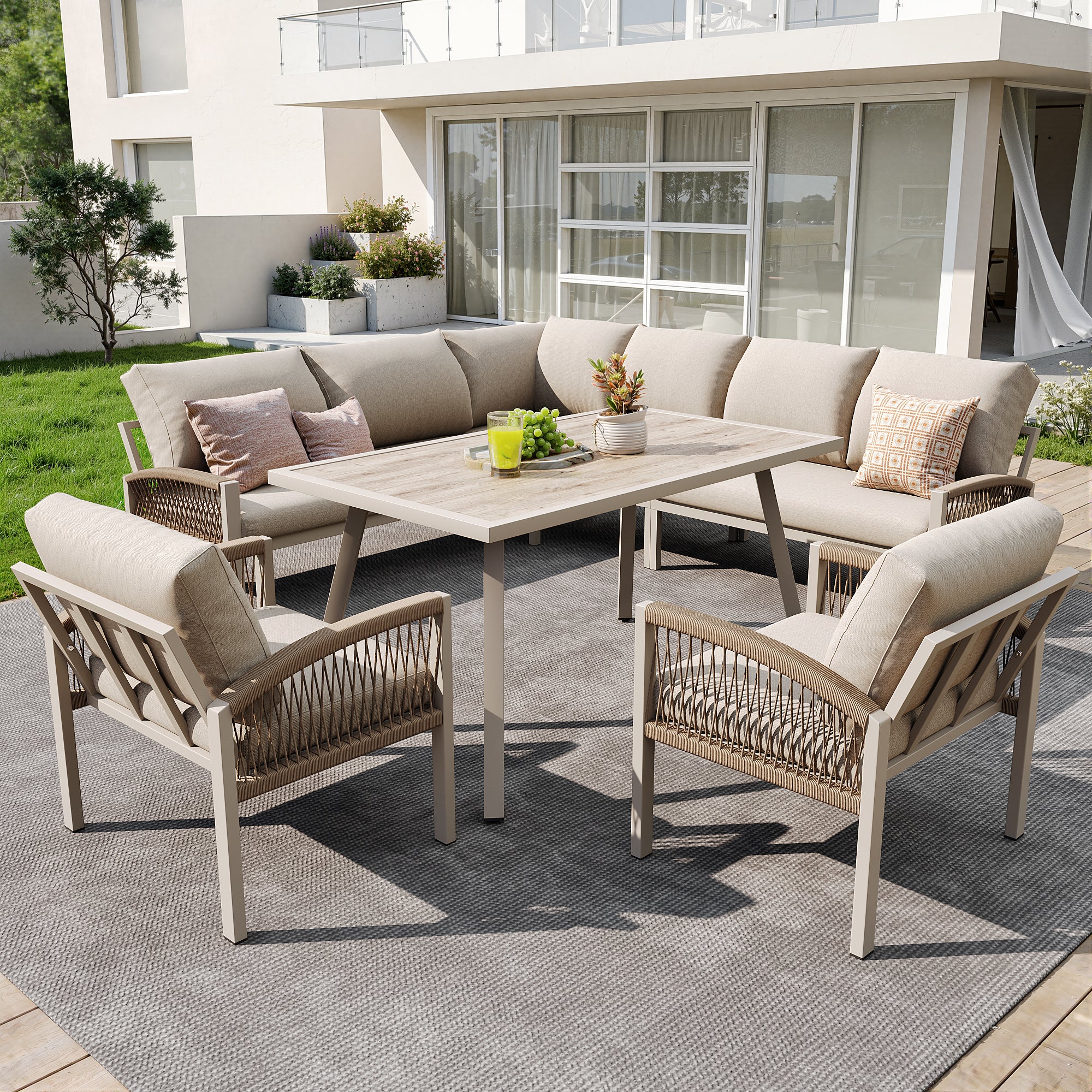 8‑Seater Rope Weave Garden Lounge Set – Galvanized Iron Frame + Wood Grain Table, Beige