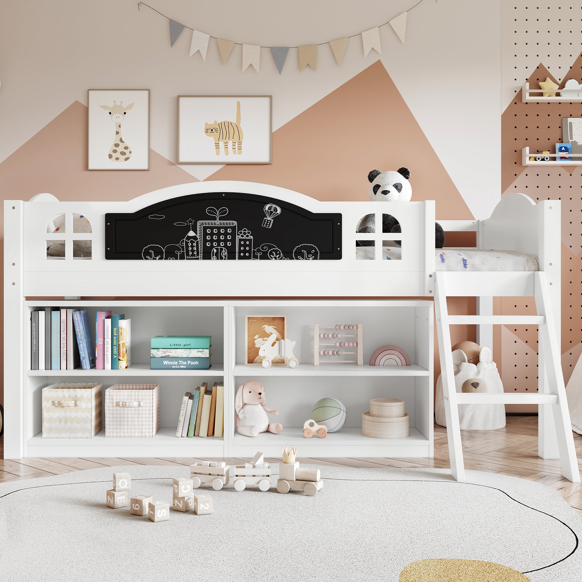 White Kids Storage Bed with Blackboard & Stairs - 3ft Single 90x190cm