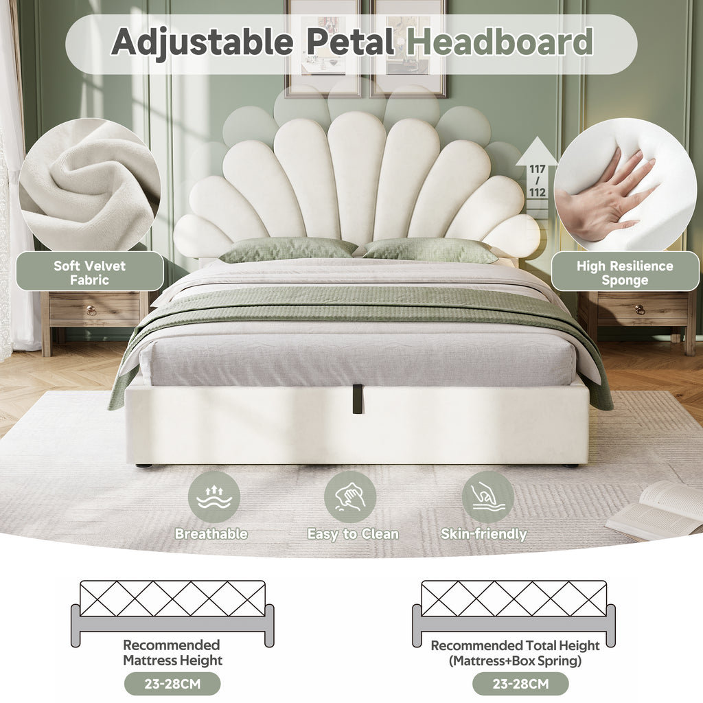4ft6 Velvet Petal Bed Frame – Hydraulic Storage + Adjustable Headboard, Beige