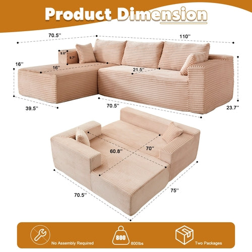 L-Shaped Compression Sofa Bed, Convertible Sectional Sofa With Pillow