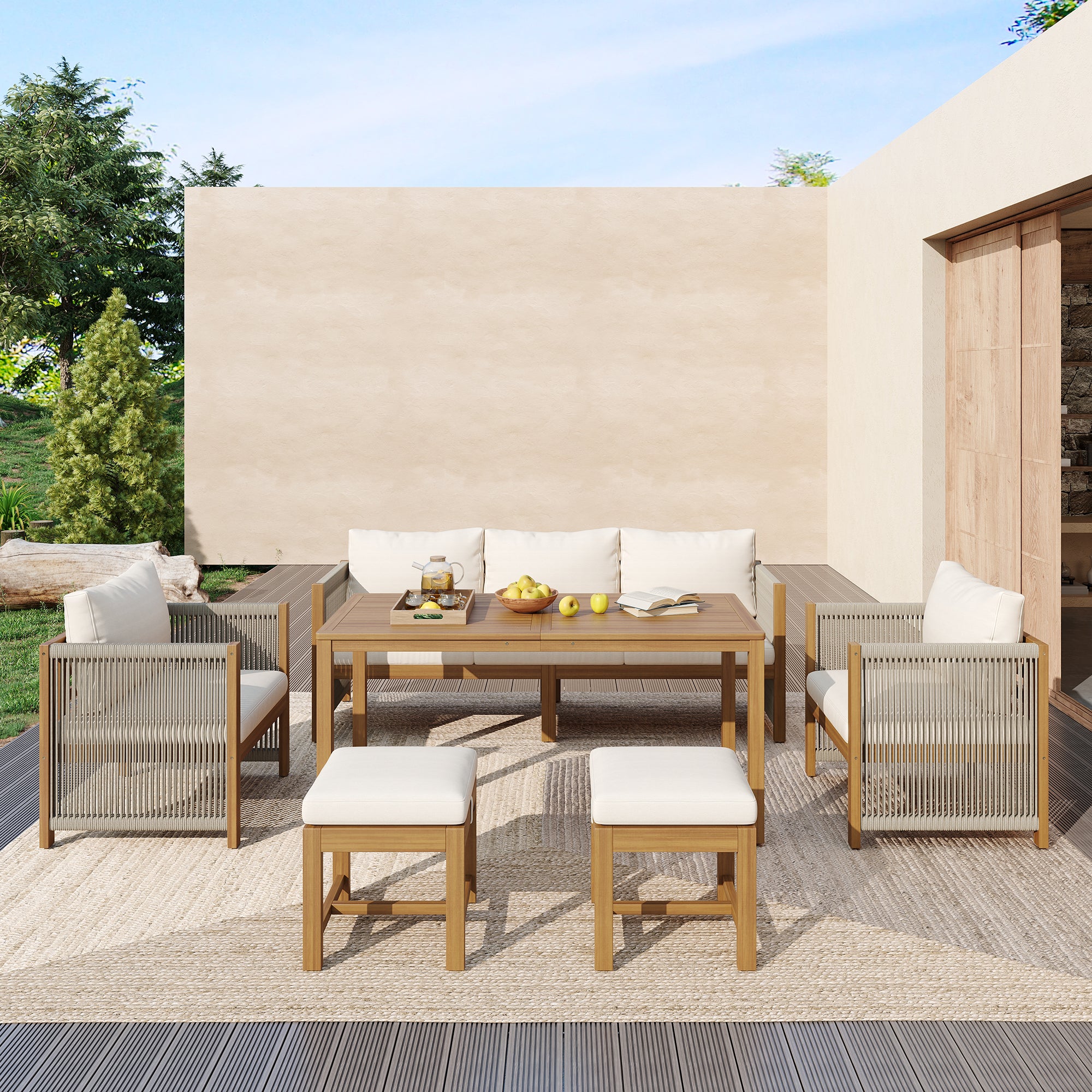 7‑Seater Acacia Wood Garden Lounge Set – Rope Weave Outdoor Patio Furniture, Beige