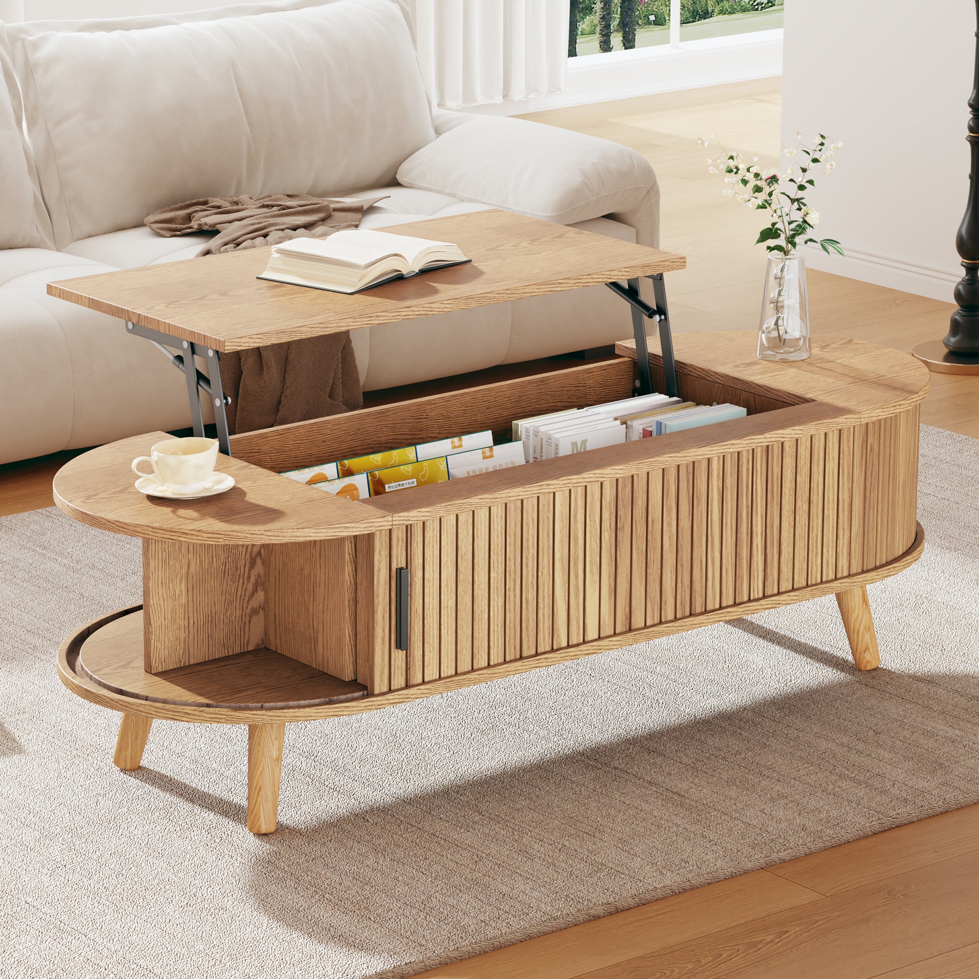 Lift-Up Oval Coffee Table with Hidden Storage – Natural Wood