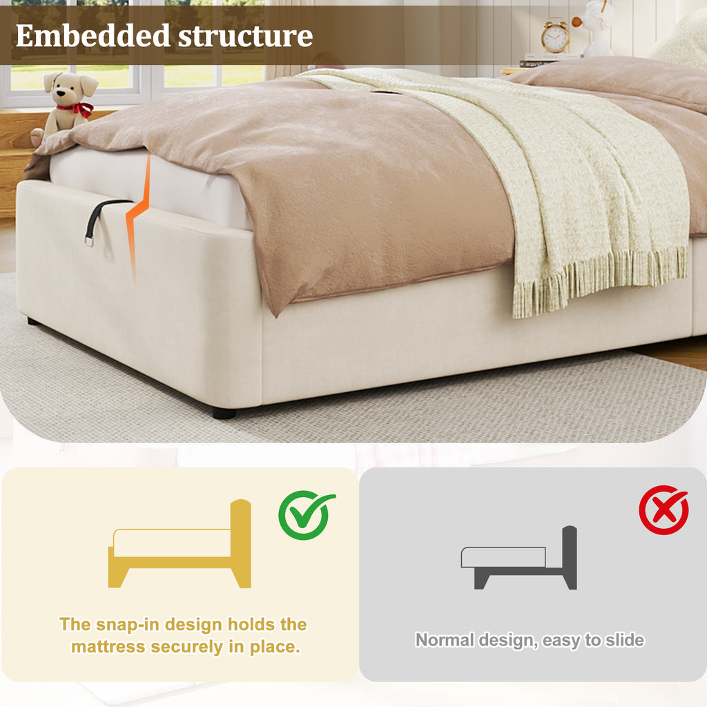 Velvet Upholstered Single Bed Frame – 3ft Hydraulic Storage, Beige Headboard