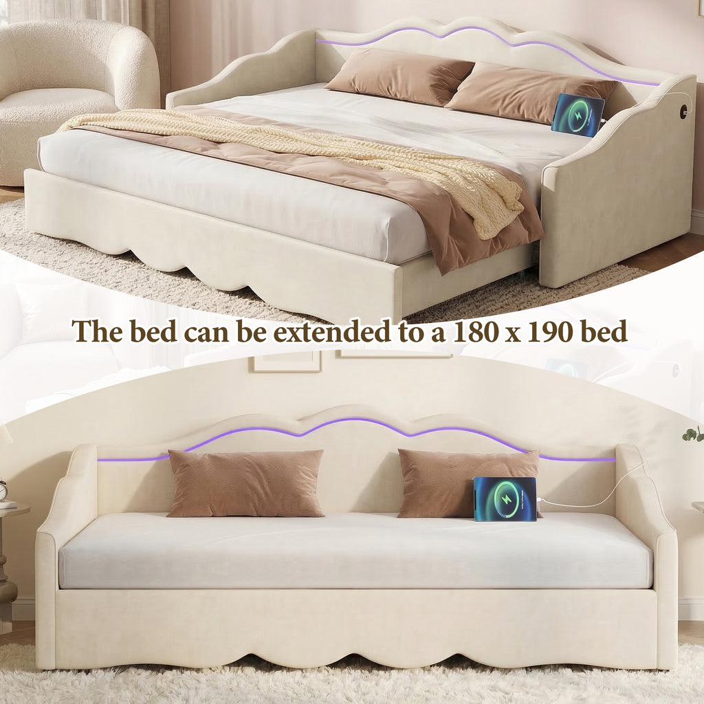 Extendable Velvet Sofa Bed – Single to Double (90→180cm) with LED Lights & USB, Beige