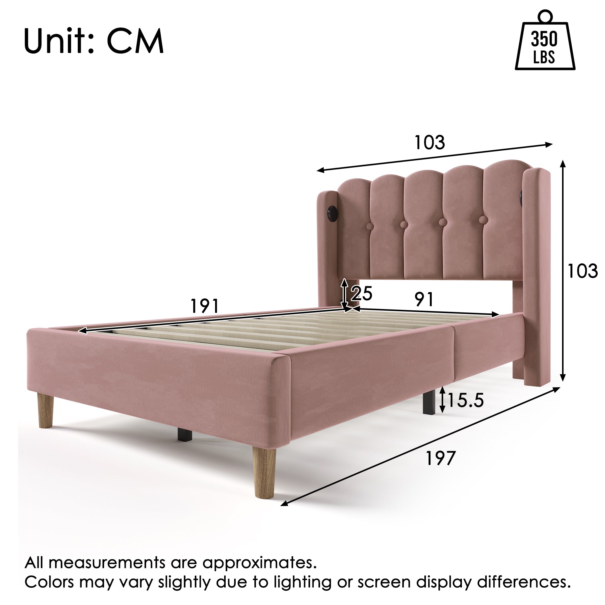 Pink Velvet Single Bed Frame with USB Charging – 3ft (90x190cm)