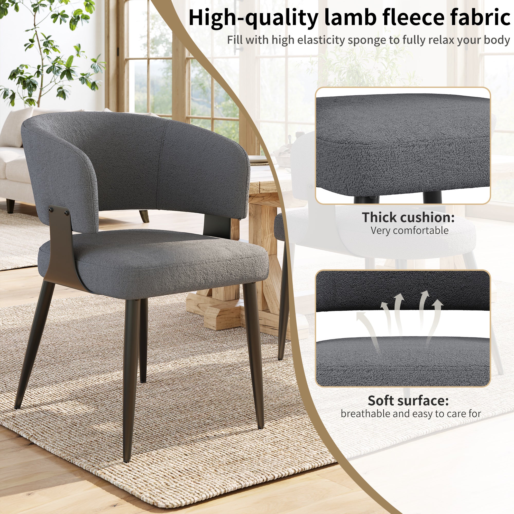 Modern Grey Upholstered Dining Chairs Set of 4 - Curved Backrest