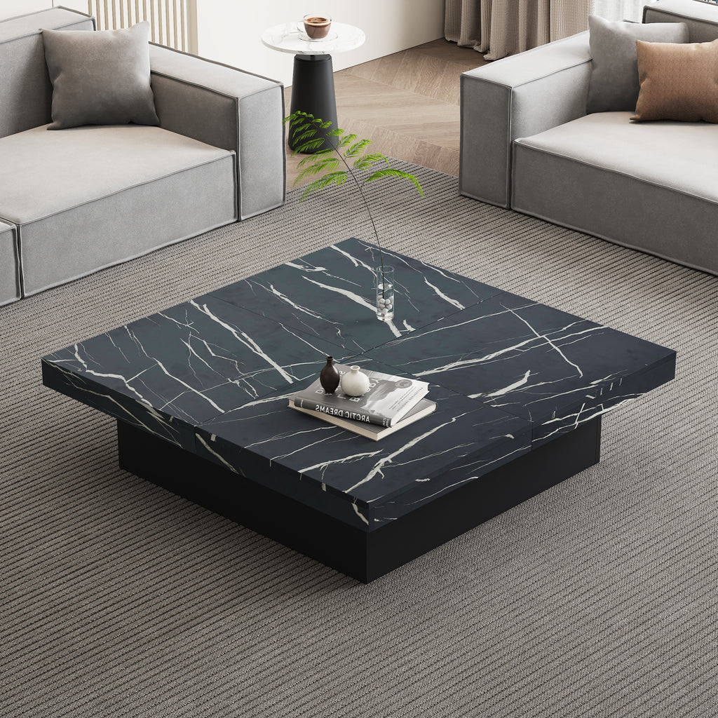 Modern Black Marble Square Coffee Table with 4 Drawers – 90x90cm