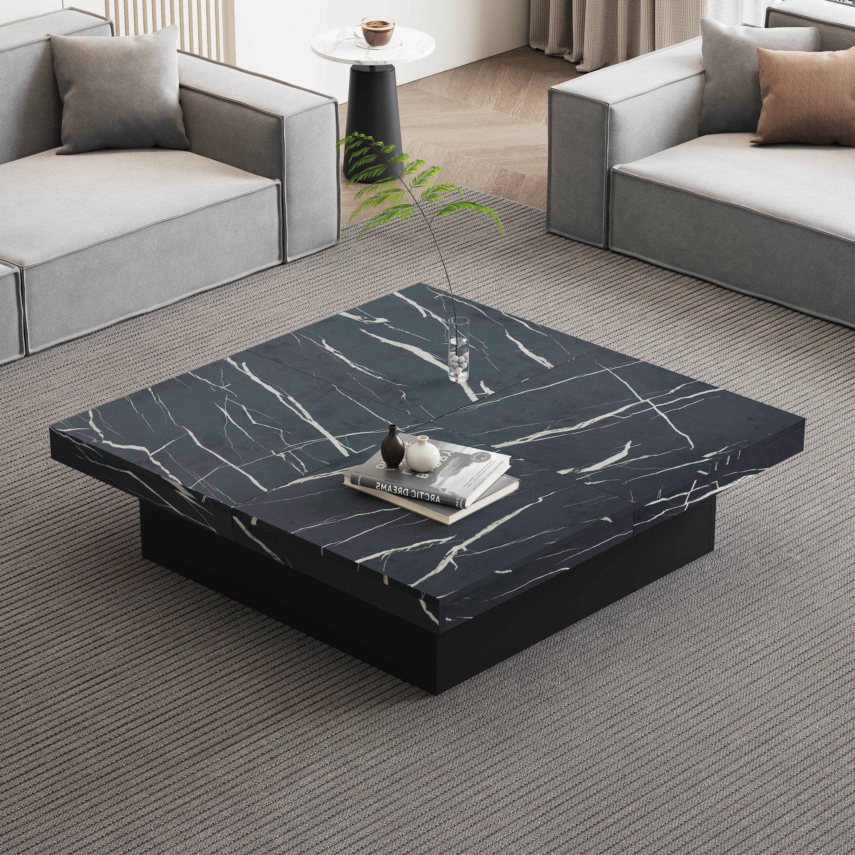 Modern Black Marble Square Coffee Table with 4 Drawers – 90x90cm