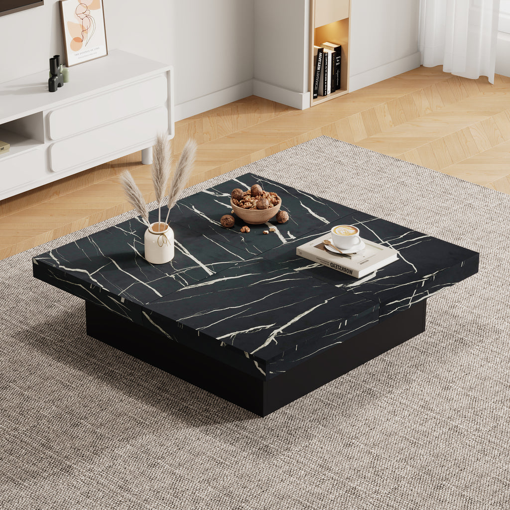 Modern Black Marble Square Coffee Table with 4 Drawers – 90x90cm