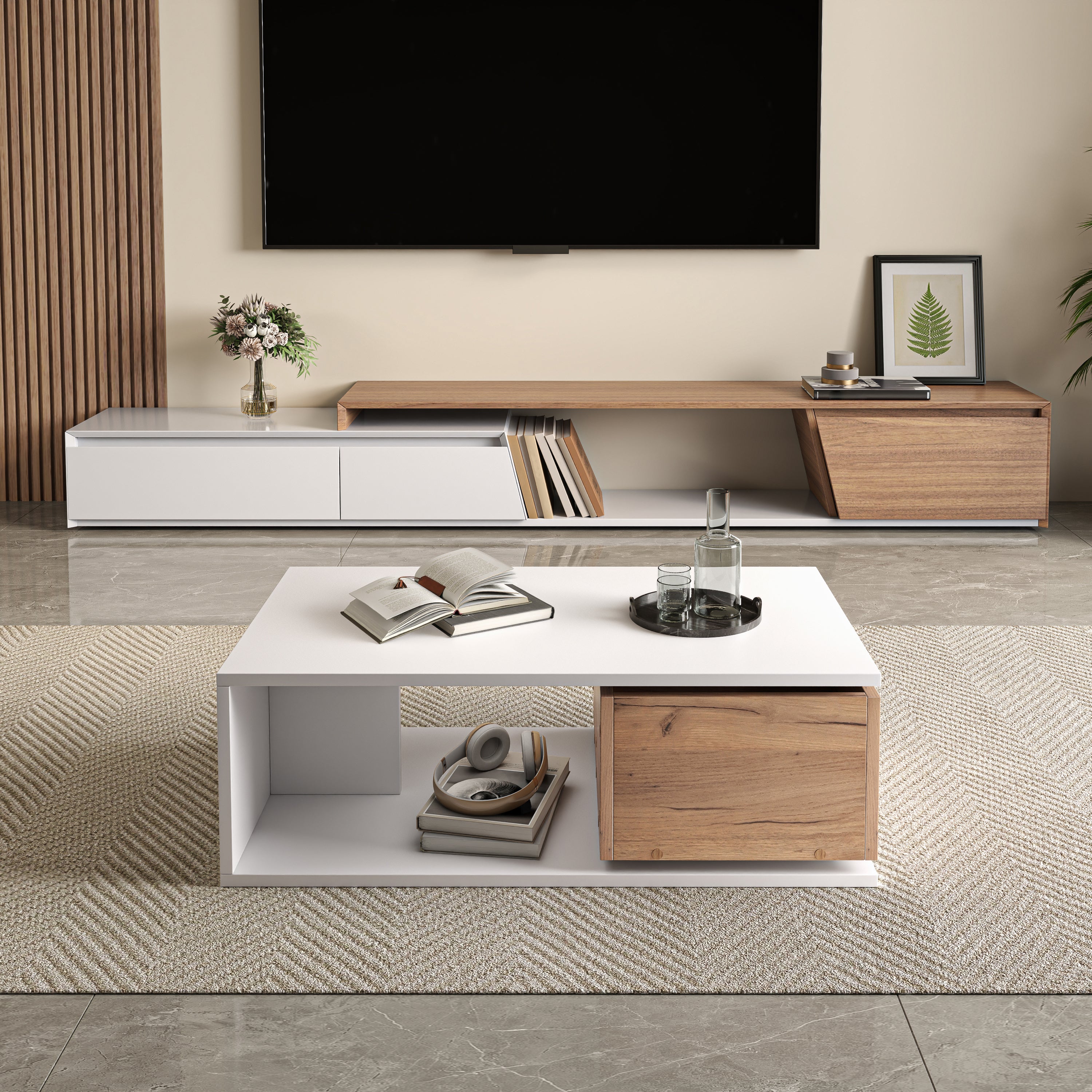 360° Rotating Coffee Table with Hidden Drawer – High Gloss White/Wood 90×50×30cm