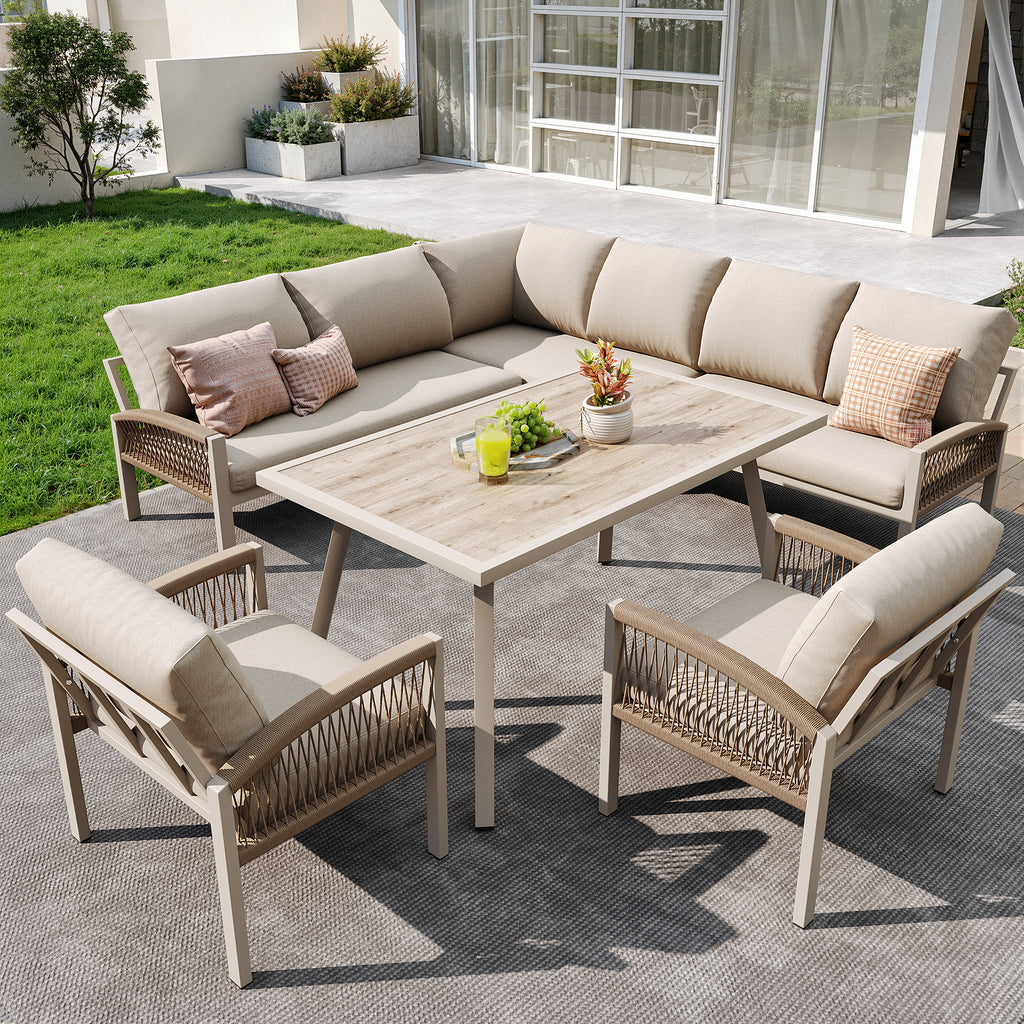 8‑Seater Rope Weave Garden Lounge Set – Galvanized Iron Frame + Wood Grain Table, Beige