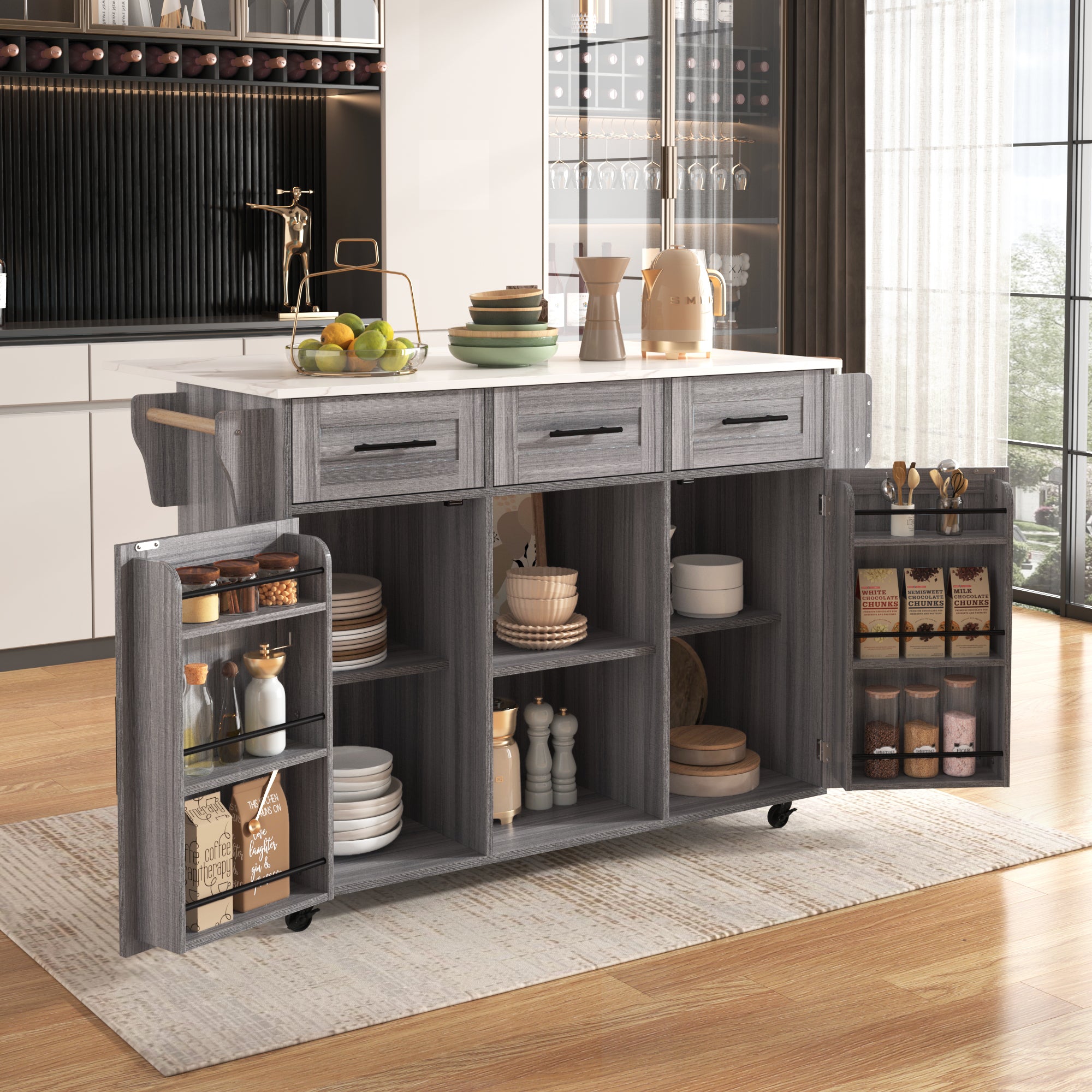 Rolling Kitchen Island with Drop‑Leaf & 3 Drawers – Grey/White 139×46/71×91.5cm