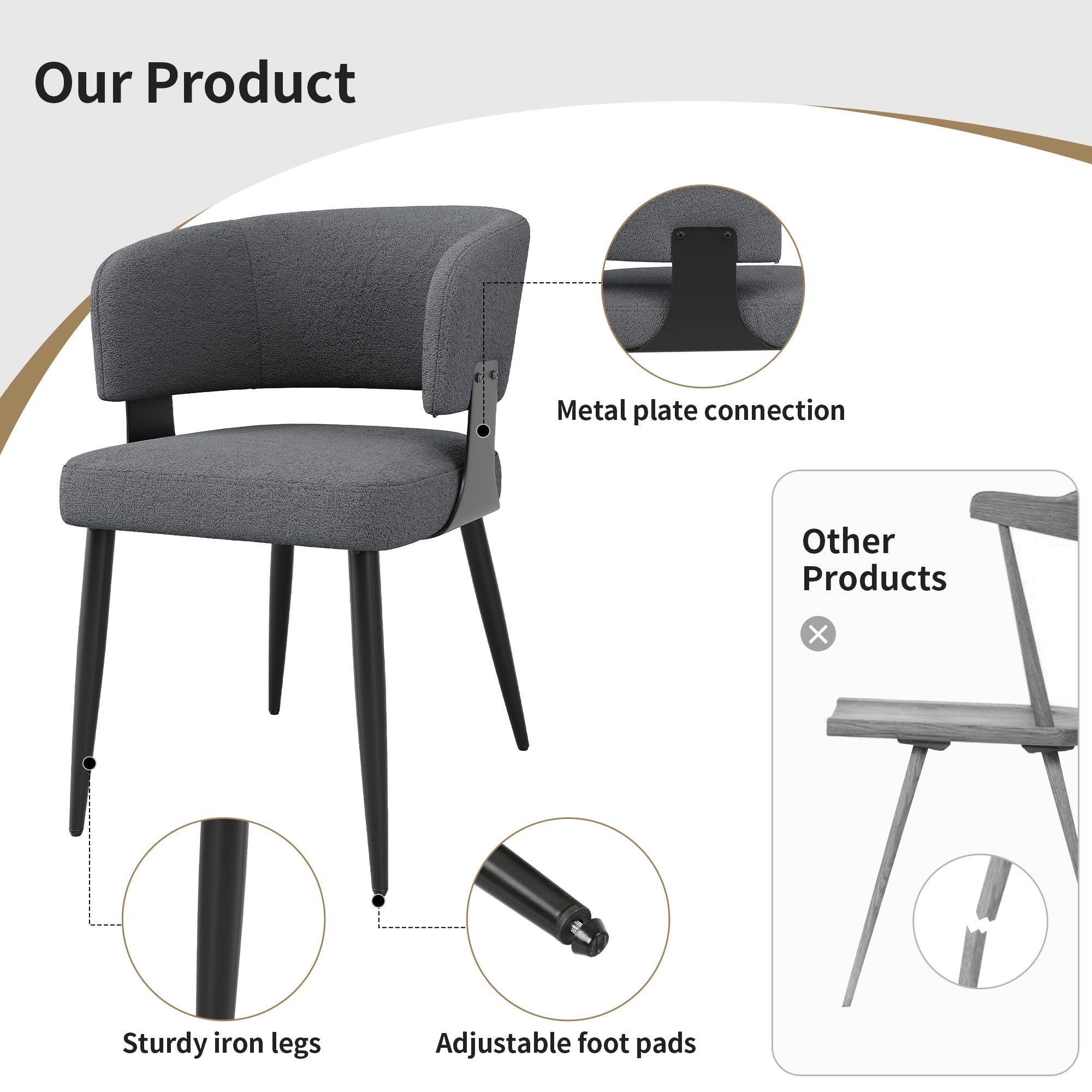 Modern Grey Upholstered Dining Chairs Set of 4 - Curved Backrest