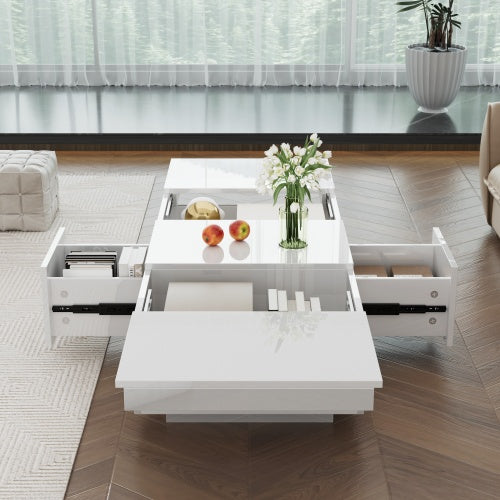 High‑Gloss Coffee Table with Hidden Push‑Pull Drawers – White 100×50×31cm