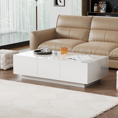 High‑Gloss Coffee Table with Hidden Push‑Pull Drawers – White 100×50×31cm
