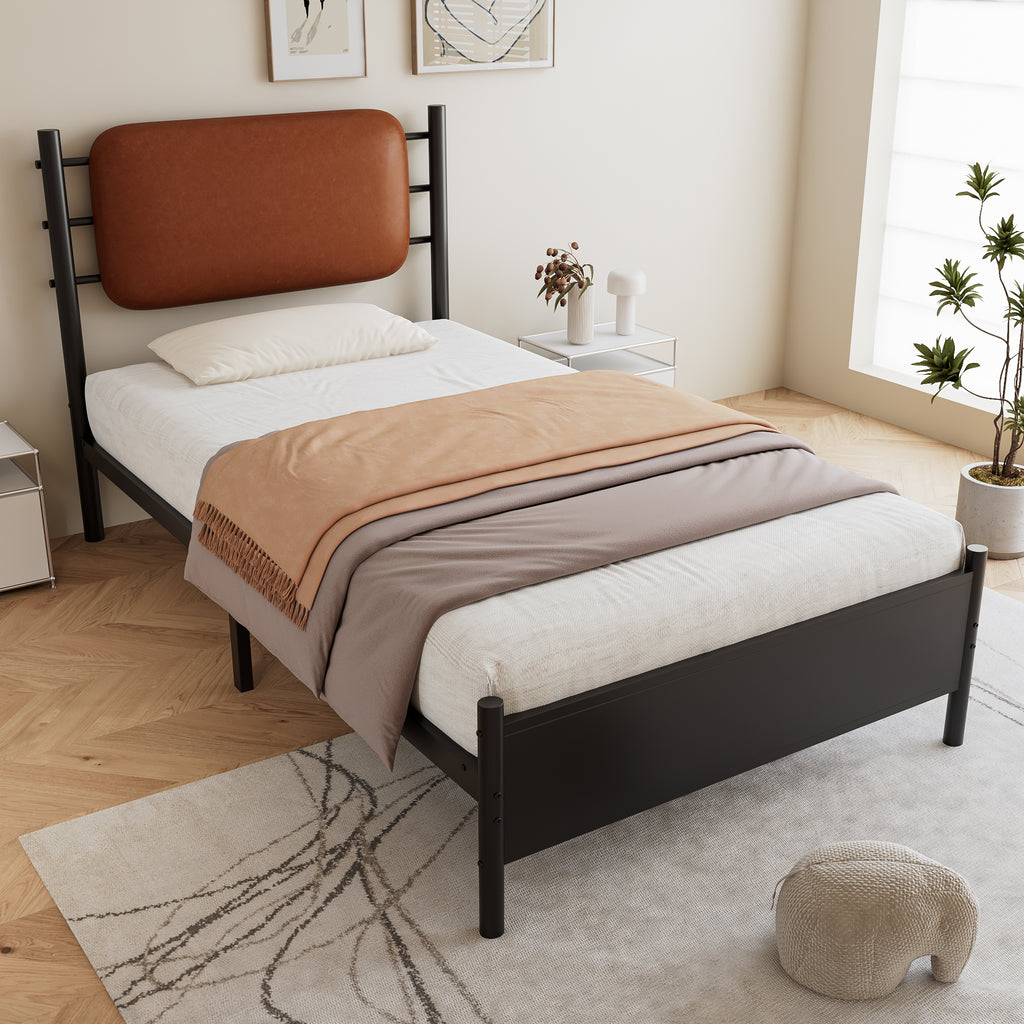 3ft Single Metal Bed Frame with PU Headboard – Black, 90×190cm