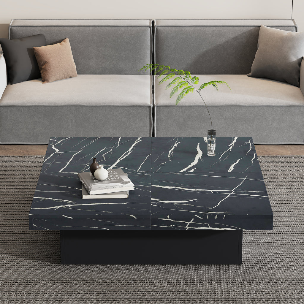 Modern Black Marble Square Coffee Table with 4 Drawers – 90x90cm