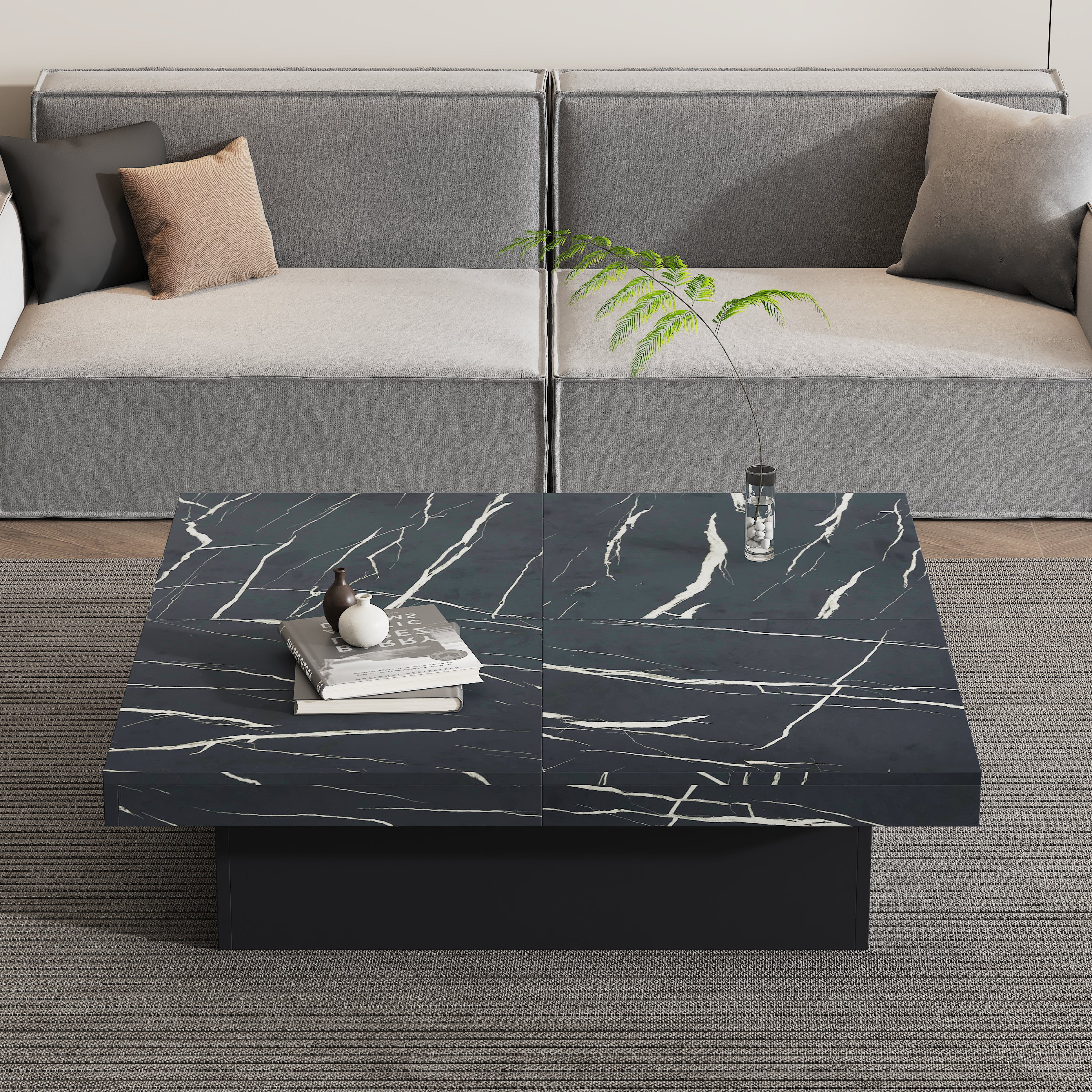 Modern Black Marble Square Coffee Table with 4 Drawers – 90x90cm