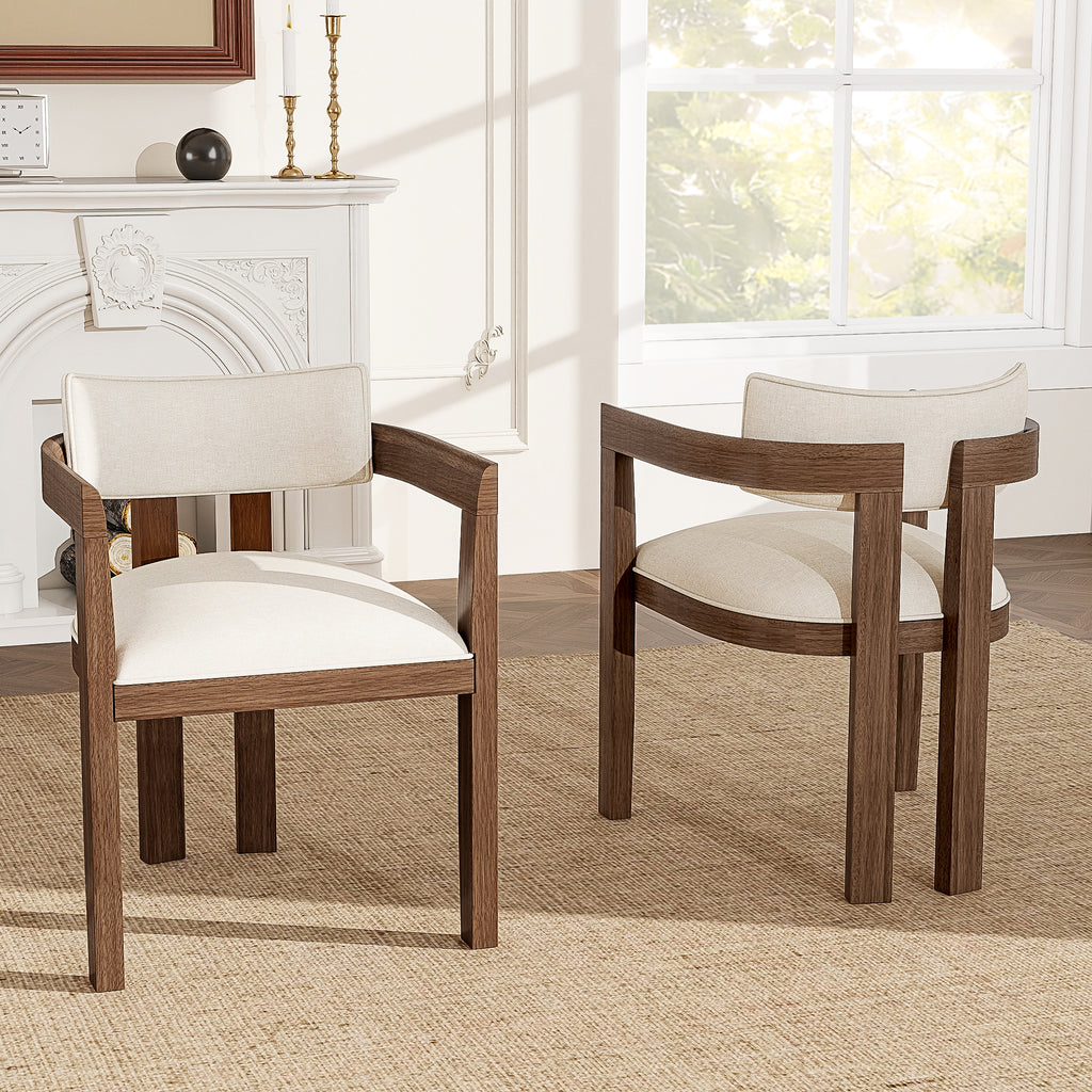 Walnut Linen Dining Chairs Set of 6 – Armrest Comfort & Solid Wood Frame