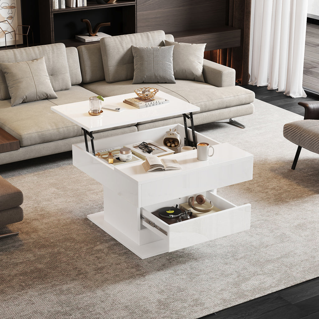 360° Rotating Lift Top Coffee Table – High Gloss White (70x70cm)