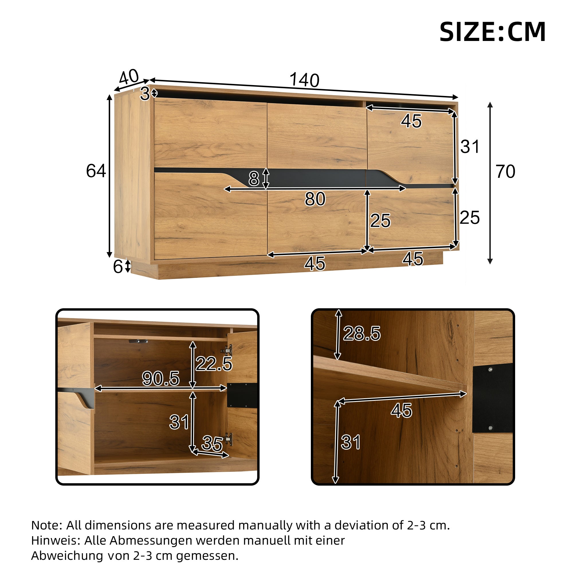Modern Vintage 3‑Door Sideboard Cabinet – Adjustable Shelves 140×40×70cm Wood