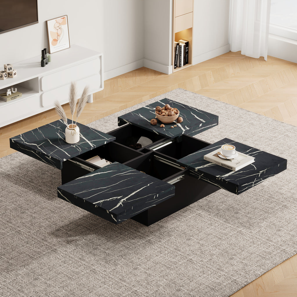 Modern Black Marble Square Coffee Table with 4 Drawers – 90x90cm