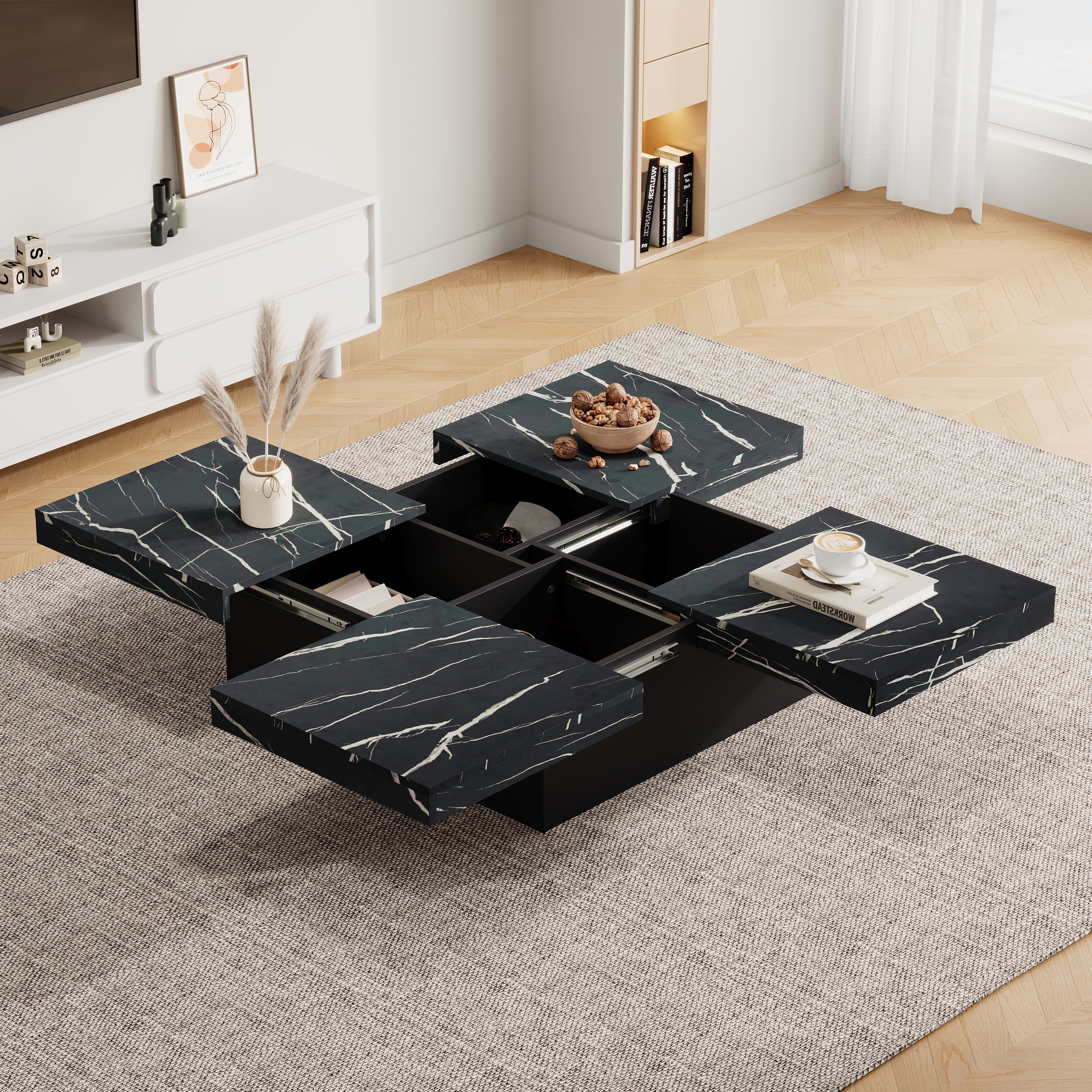 Modern Black Marble Square Coffee Table with 4 Drawers – 90x90cm