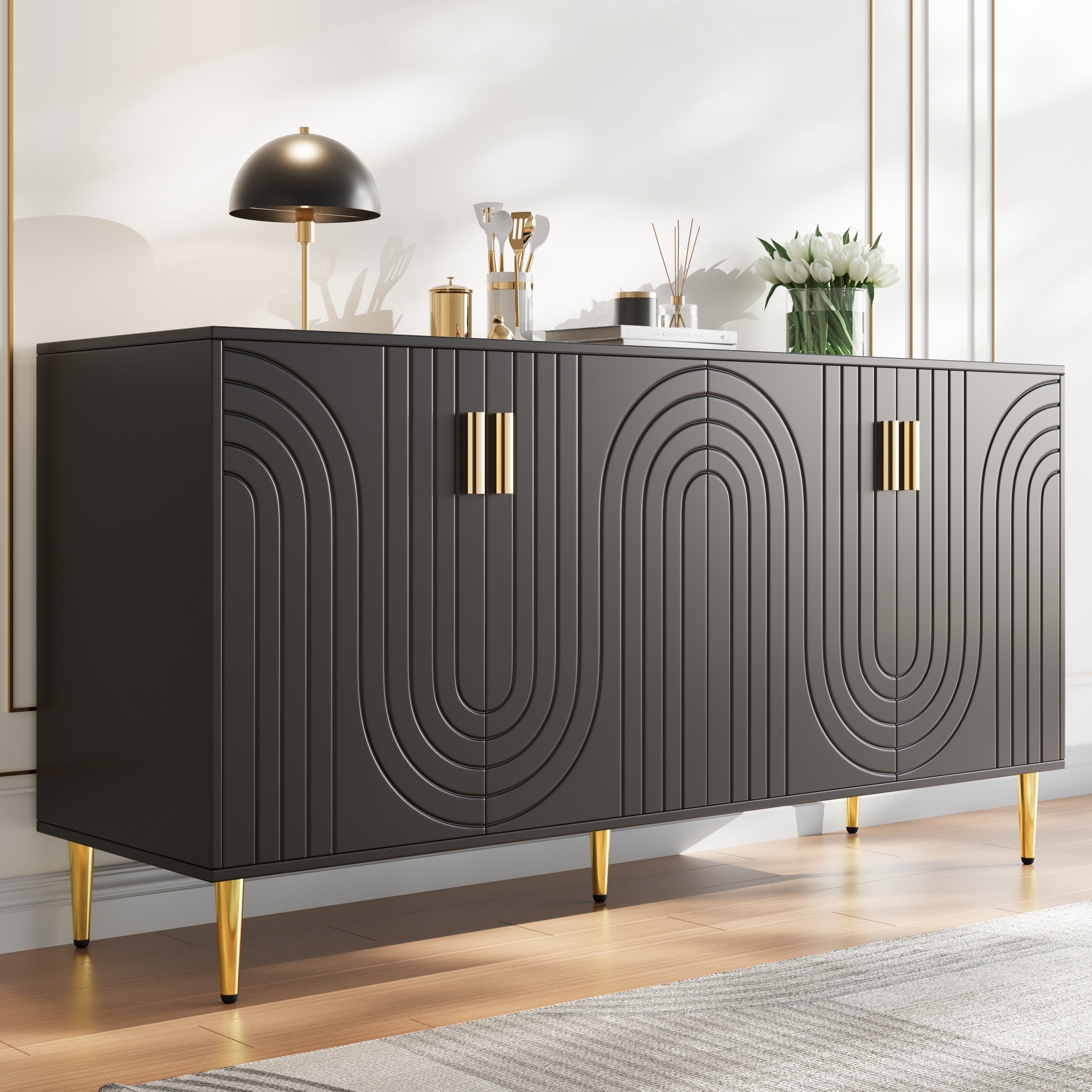 Black Wave Sideboard with Gold Handles – 152x75cm Elegant Storage